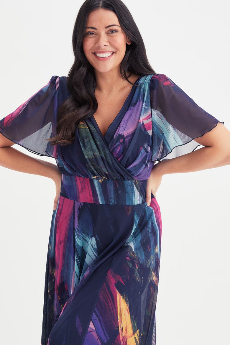 Isabelle Printed Angel Sleeve Dress, Alternate, color, Navy Abstract