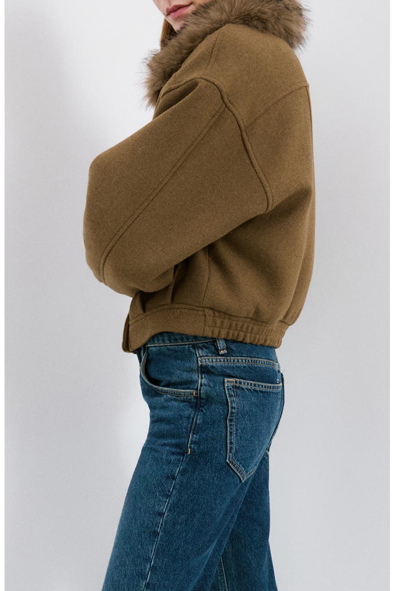 Blouson Jacket with Faux Fur Collar, Alternate, color, BROWN