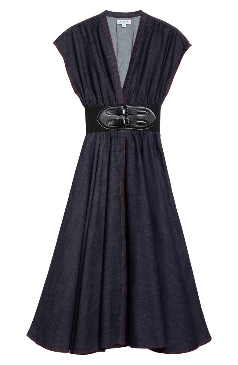 Alaïa Belted Denim Dress, Alternate, color, 