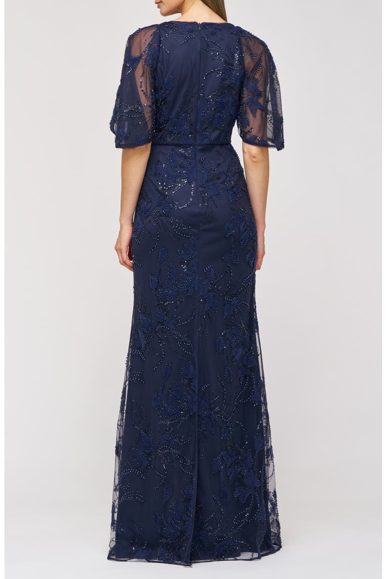 Alex Embellished Flutter Sleeve Gown, Alternate, color, NAVY