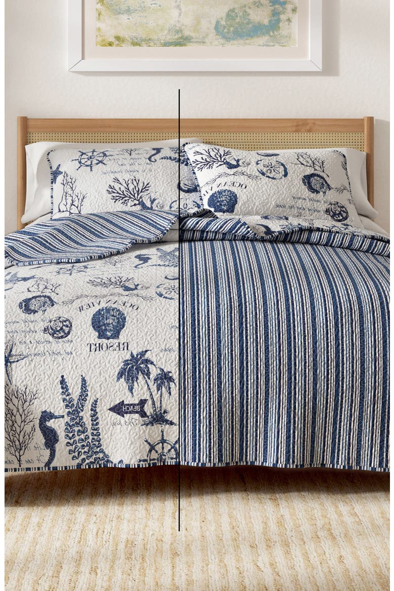 Nautical Print Reversible Microfiber Quilt Set, Alternate, color, NAVY