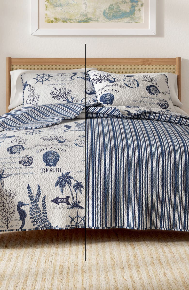 Woven & Weft Nautical Print Reversible Microfiber Quilt Set, Alternate, color, Navy