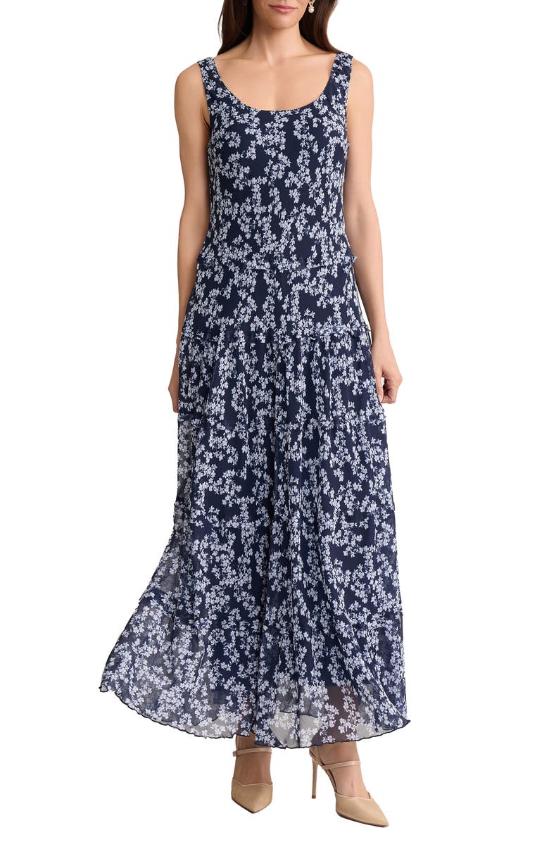 Jones New York Spring Print Sleeveless Maxi Dress, Main, color, Pacific Navy / Natural White