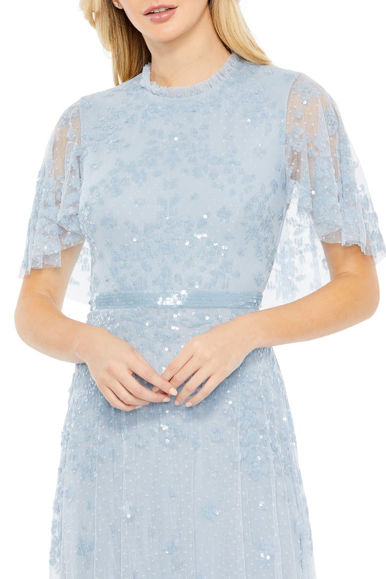 Sequined High Neck Flutter Sleeve A Line Gown, Alternate, color, Powder Blue