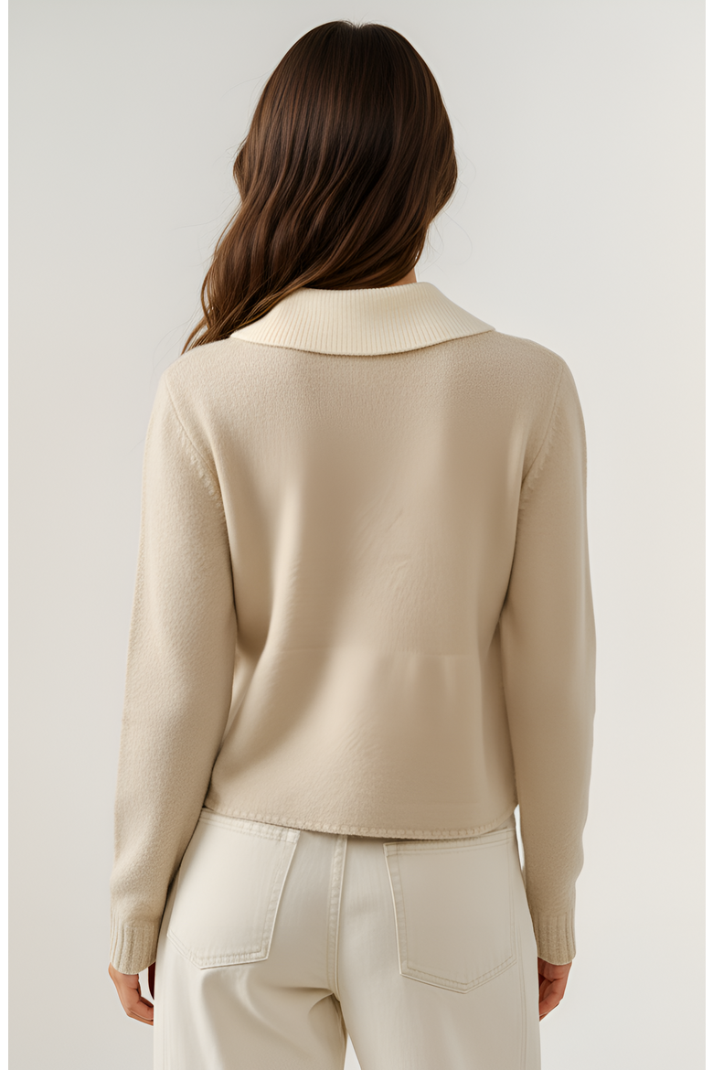 Cropped Knit Cardigan with Contrast Collar and Button Front, Alternate, color, Beige / Off-White
