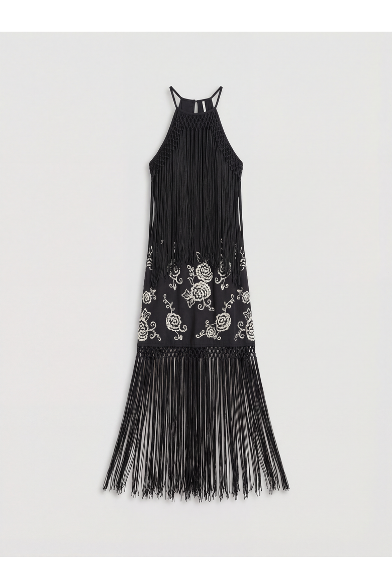 High Neck Tassel Mini Dress, Alternate, color, Black