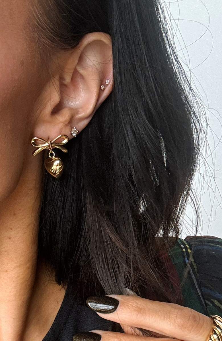 Nickel & Suede Bow & Heart Drop Earrings, Alternate, color, Gold