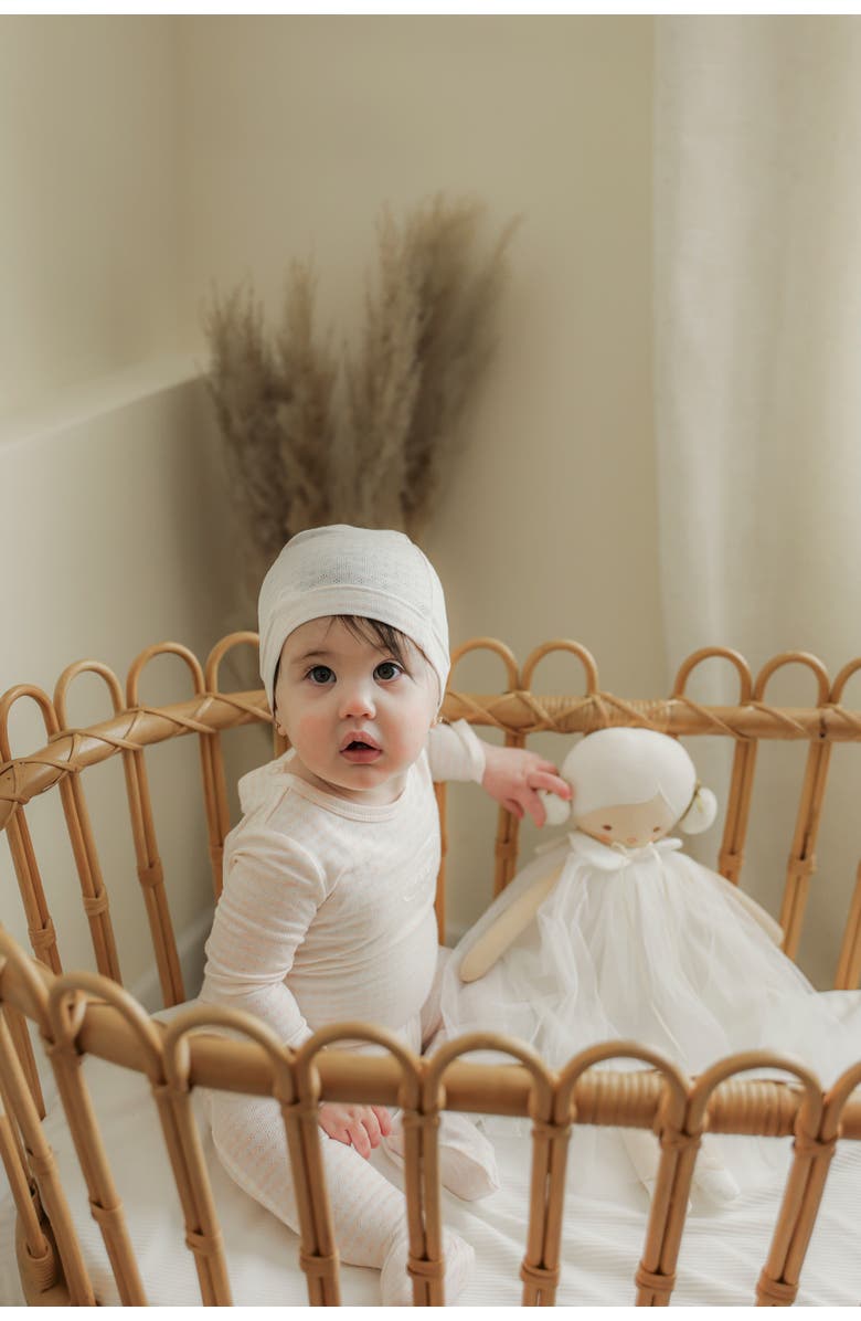 Little Fragile Boy Stripe Pointelle Long Sleeve Embroidered Romper and Hat Set, Alternate, color, Blue