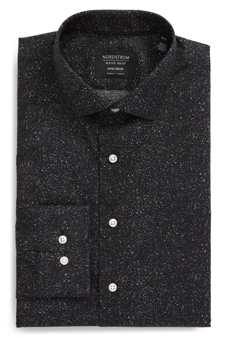 Trim Fit Non-Iron Dress Shirt, Alternate, color, BLACK GREY GLITCH STATIC