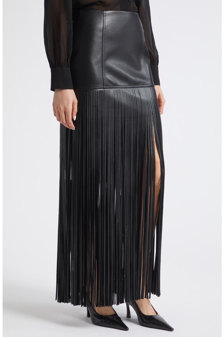 Soren Fringe Faux Leather Maxi Skirt, Alternate, color, JET