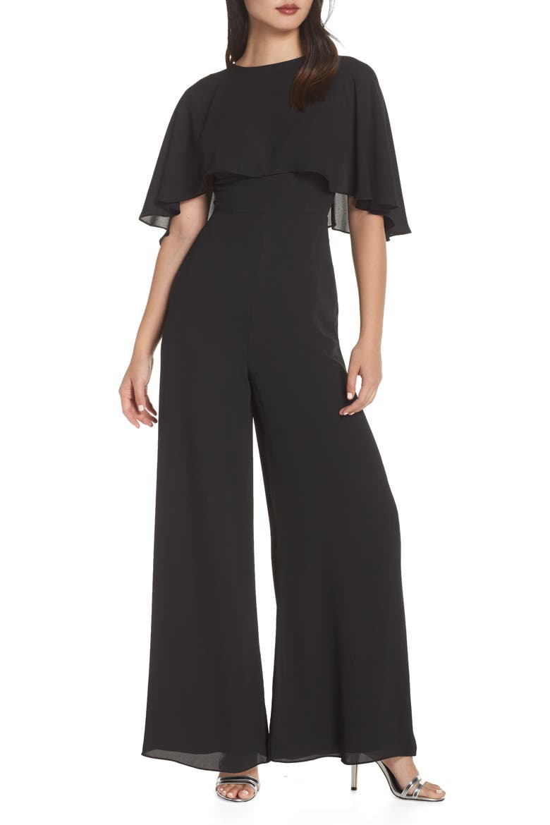 Georgette Jumpsuit with Removable Cape, Main, color, BLACK