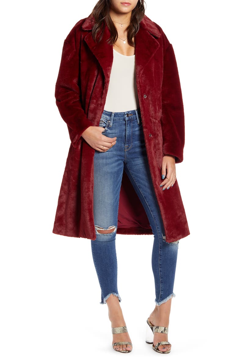 Long Faux Fur Coat, Main, color, BURGUNDY