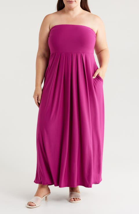Pleated Stretch Strapless A-Line Dress (Plus)