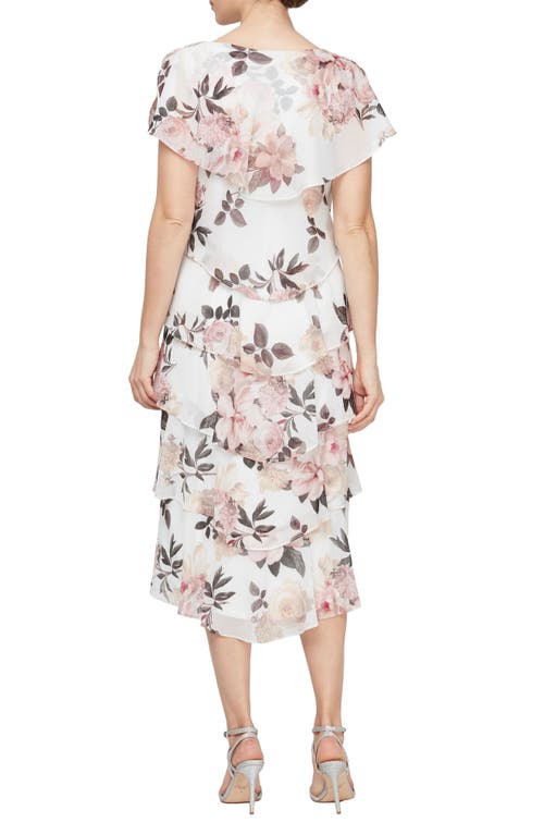 Shop Sl Fashions Floral Capelet Tiered Midi Dress In Ivory/pink