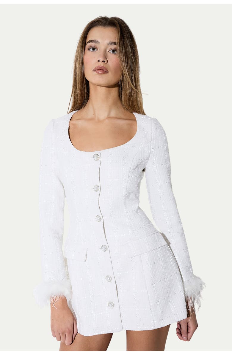 MissPap Boucle Feather Trim Mini Dress, Main, color, White