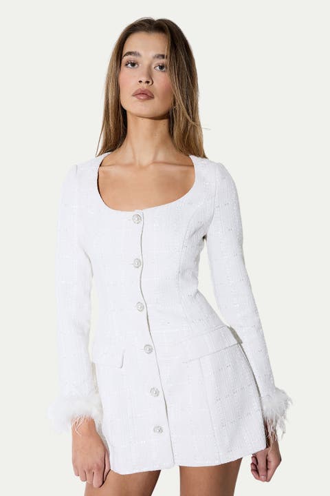 Boucle Feather Trim Mini Dress