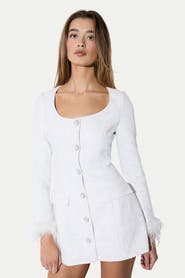 MissPap Boucle Feather Trim Mini Dress