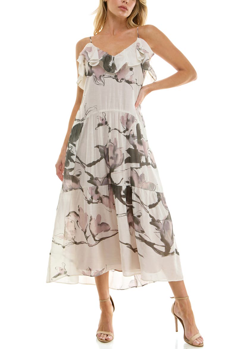 Ruffle Floral Midi Dress, Main, color, IVORY GREY BROWN