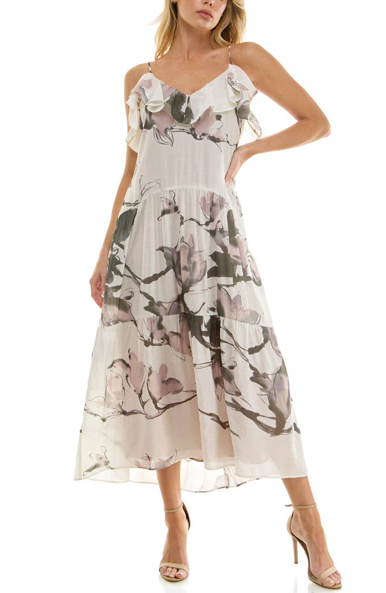 Socialite Ruffle Floral Midi Dress, Main, color, Ivory Grey Brown
