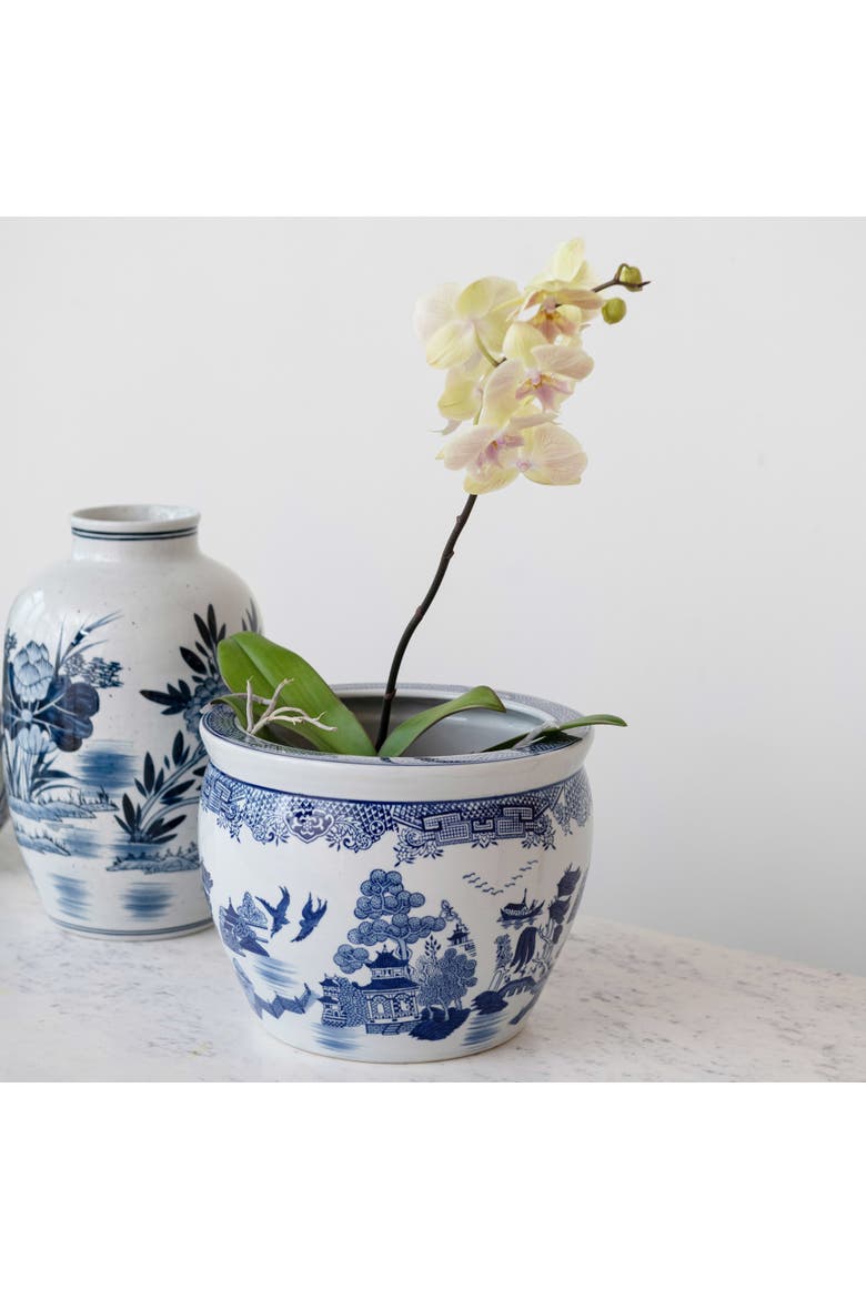 Hand-Painted Stoneware Planter, Blue and White, Alternate, color, Blue
