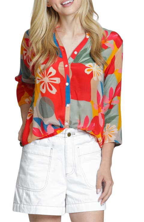 Mixed Stripe Mandarin Collar Button-Up Shirt