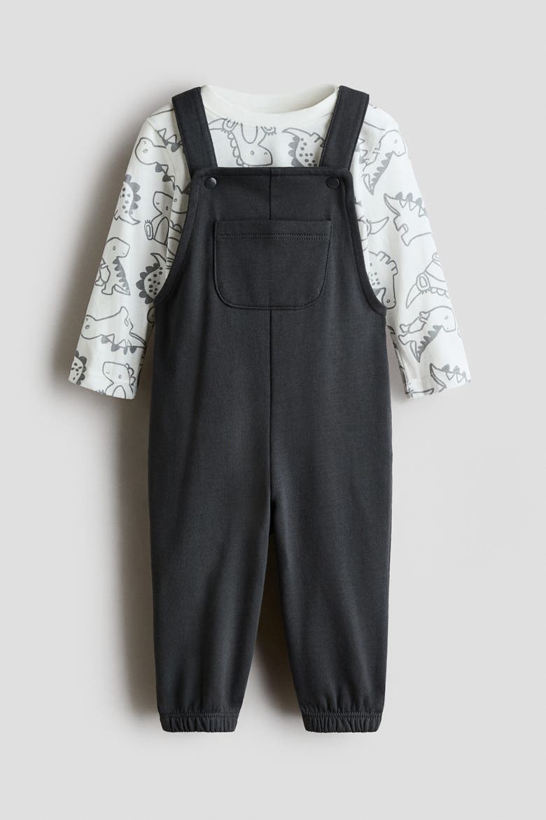 2-Piece Overall And Shirt Set, Main, color, Dark gray/dinosaurs