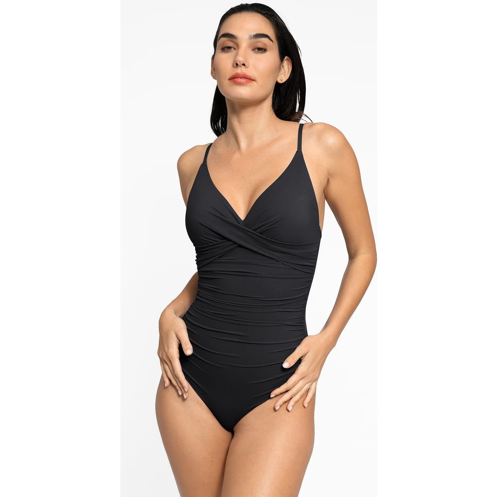 Popilush Shapewear Ruched Cross-front Sculpting One-piece Swimsuit In Midnight Black