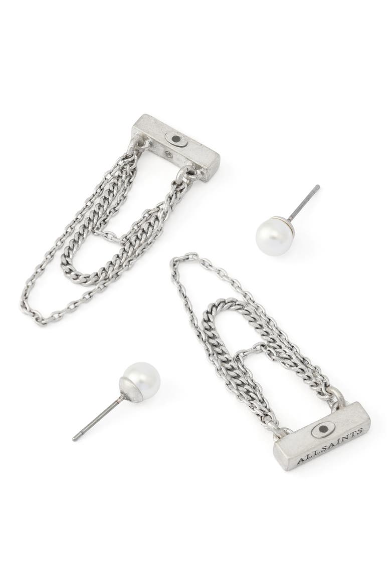 Faux Pearl Swag Chain Front/Back Earrings, Alternate, color, PEARL/ WARM SILVER