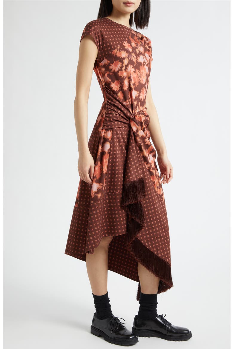 Desert Flower Mixed Print Asymmetric Hem Cotton Dress, Alternate, color, RUST MULTI