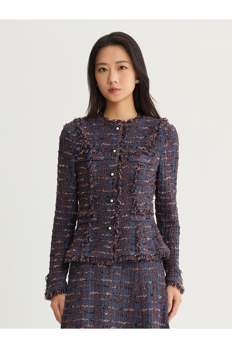 Tailored Fringe Trim Ribbon Knit Jacket, Main, color, Mahogany/Stardust/Charmeuse
