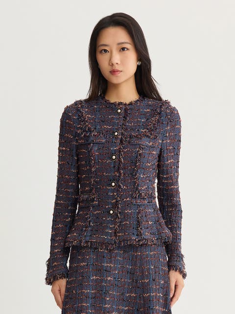 Tailored Fringe Trim Ribbon Knit Jacket