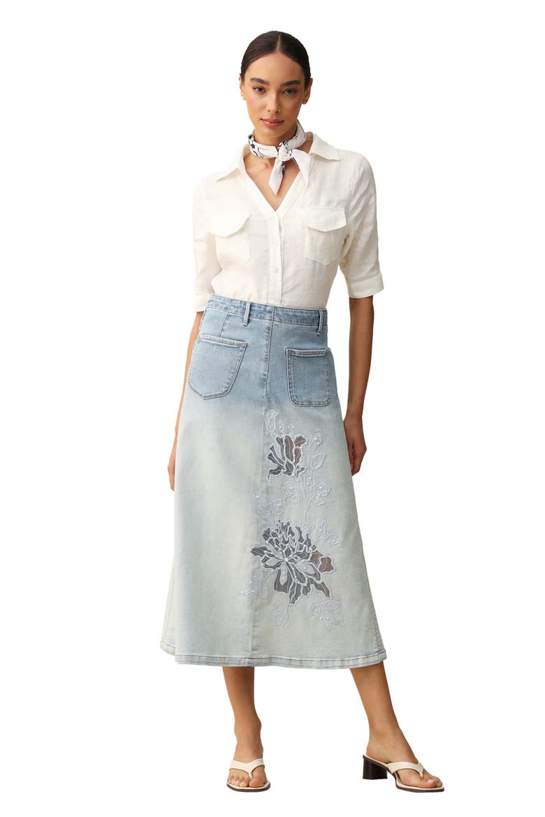Caius Faux Pearl & Embroidery Detail Ombré Denim Skirt, Alternate, color, LIGHT BLUE