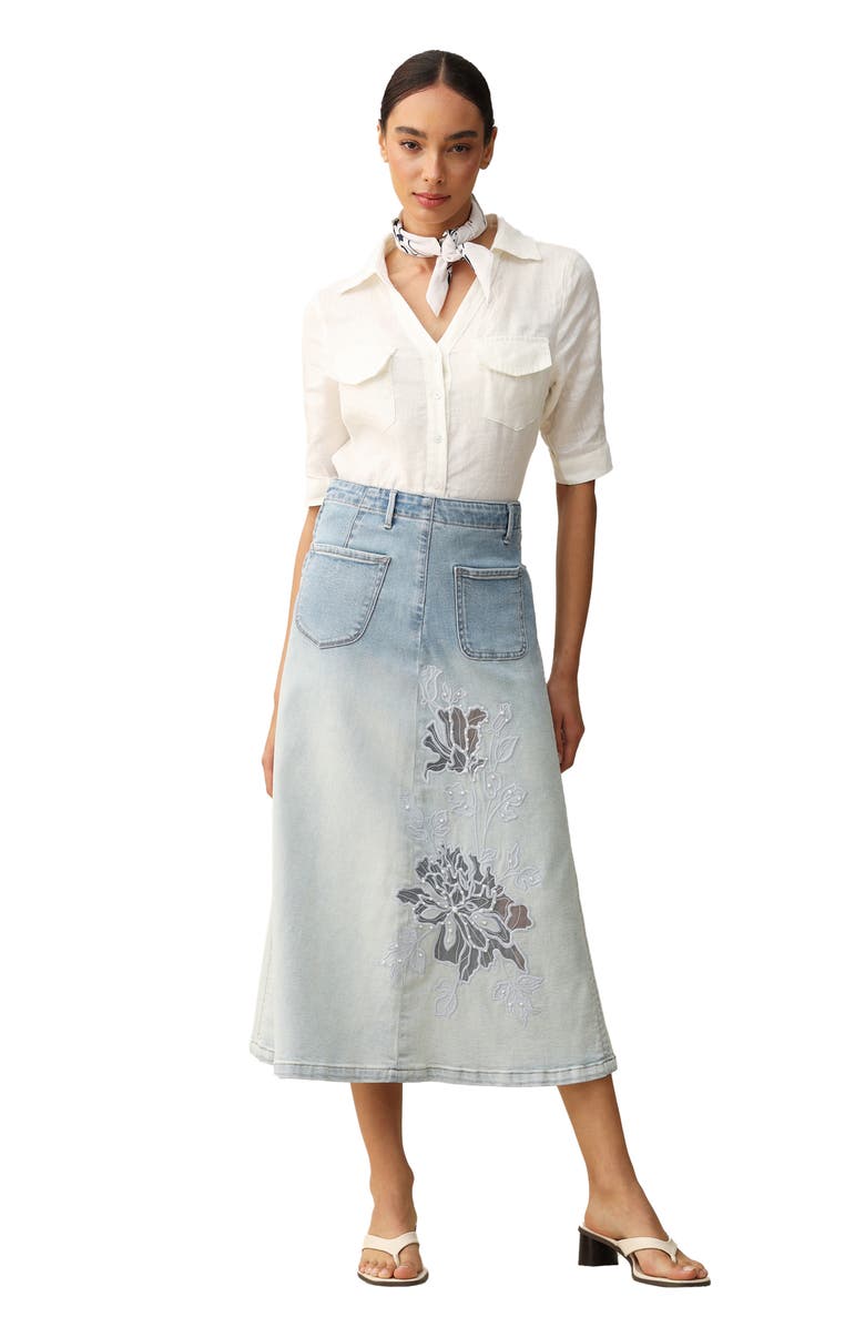 Bayeas Caius Faux Pearl & Embroidery Detail Ombré Denim Skirt, Alternate, color, Light Blue