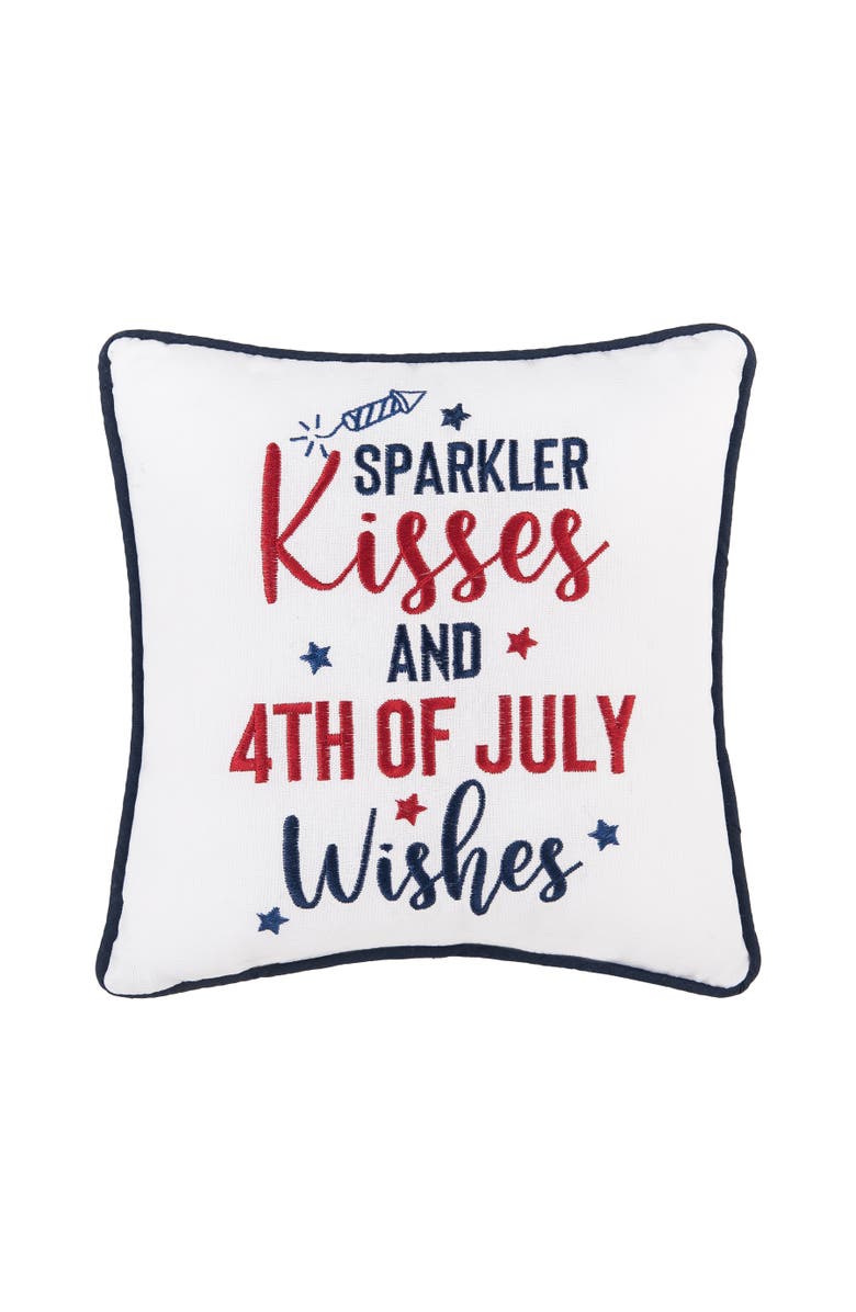 C&F Home Patriotic "Sparkler Kisses & 4th of July Kisses" Embroidered Mini Square Accent Pillow, 10" x 10", Main, color, White