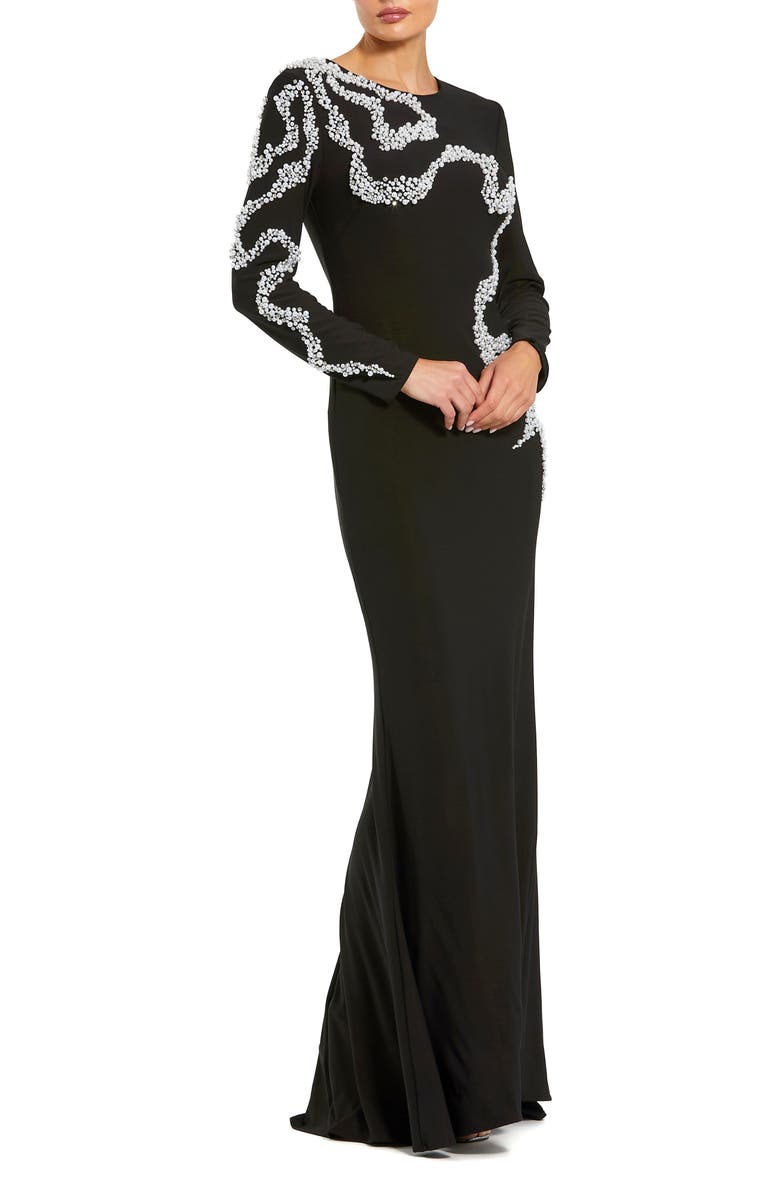 Mac Duggal Beaded Swirl Appliqué Gown, Main, color, Black