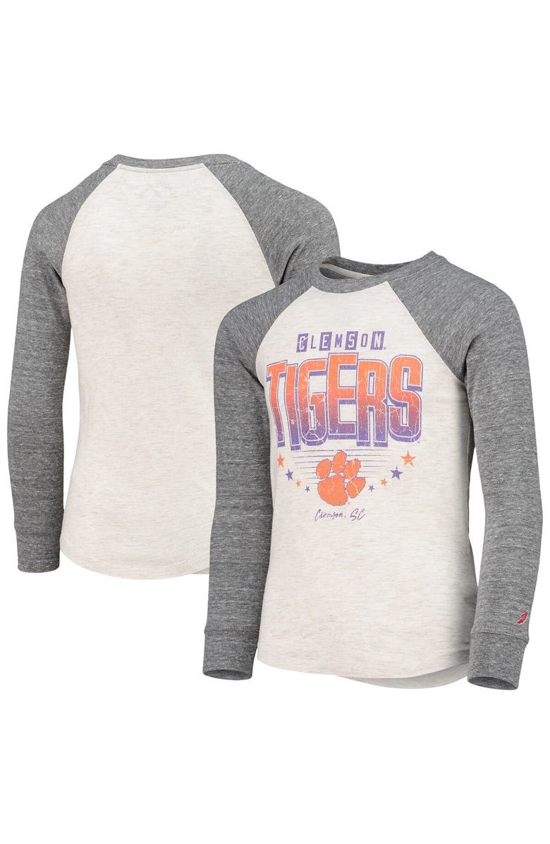 LEAGUE COLLEGIATE WEAR Youth League Collegiate Wear Heathered Gray Clemson Tigers Baseball Tri-Blend Raglan Long Sleeve T-Shirt, Alternate, color,