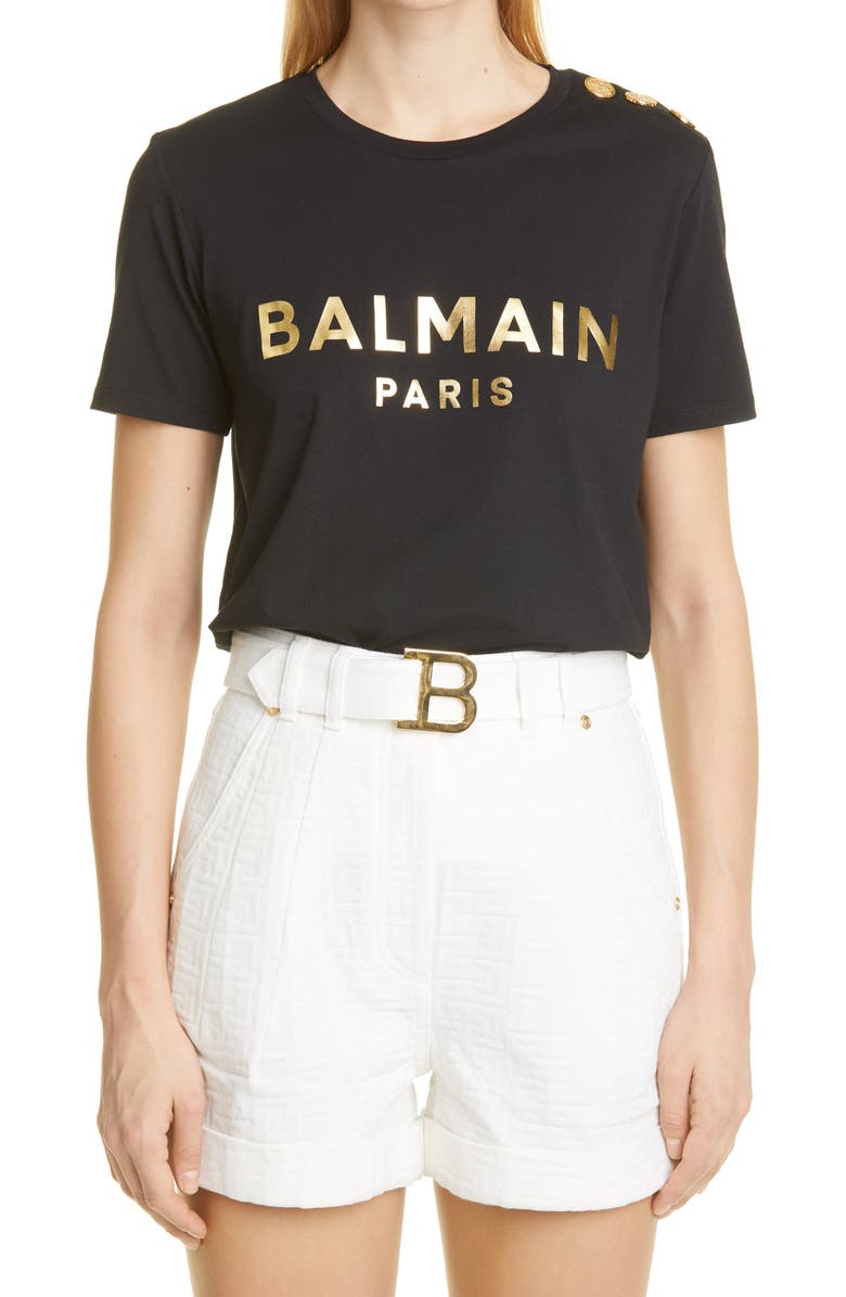 Balmain Button Shoulder Metallic Logo Graphic Tee, Main, color,