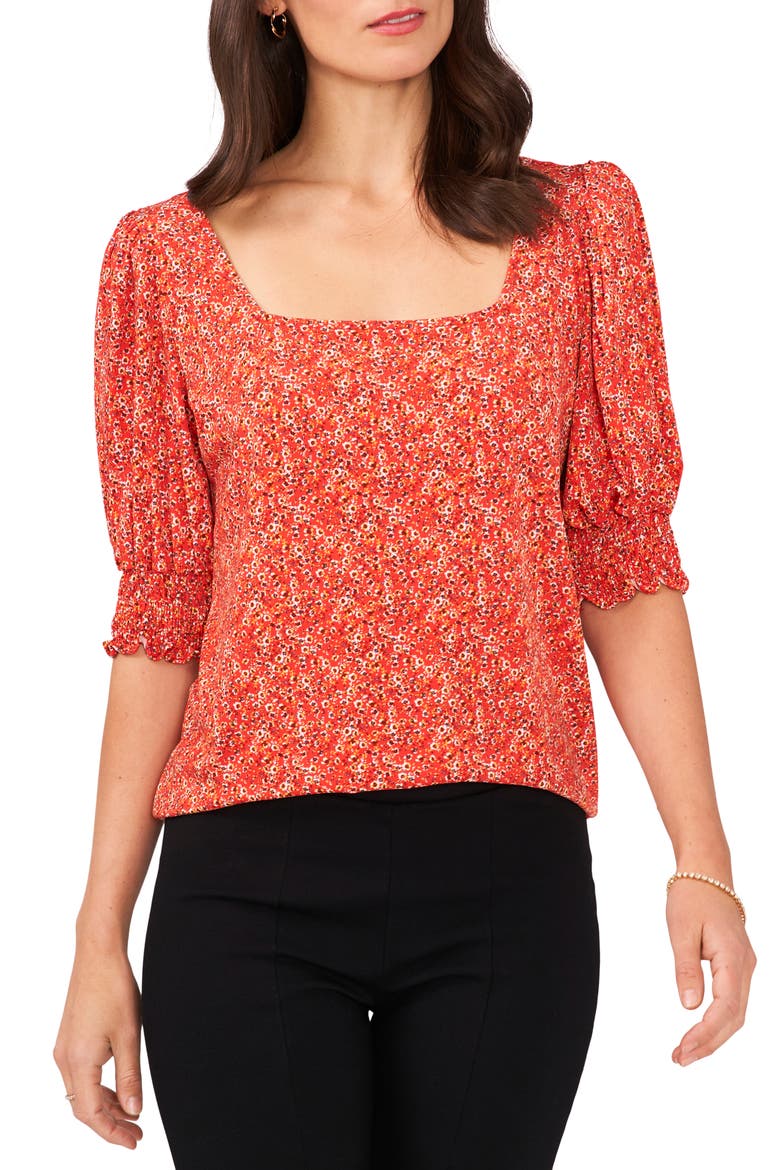 Floral Square Neck Top, Main, color, RED