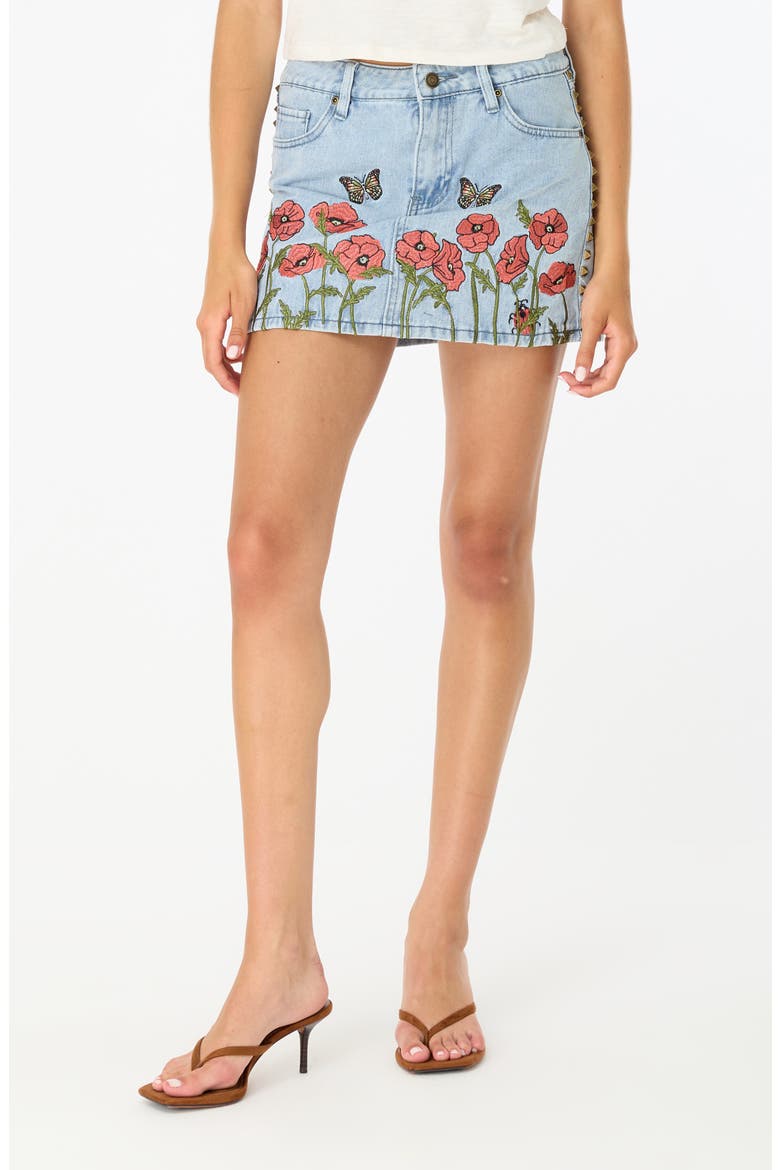 Charli Floral Embroidered Denim Miniskirt, Main, color, LIGHT WASH