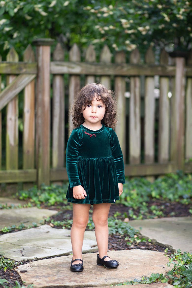 Embroidered Velvet Holiday Long Sleeve Bubble Romper, Alternate, color, Emerald Green