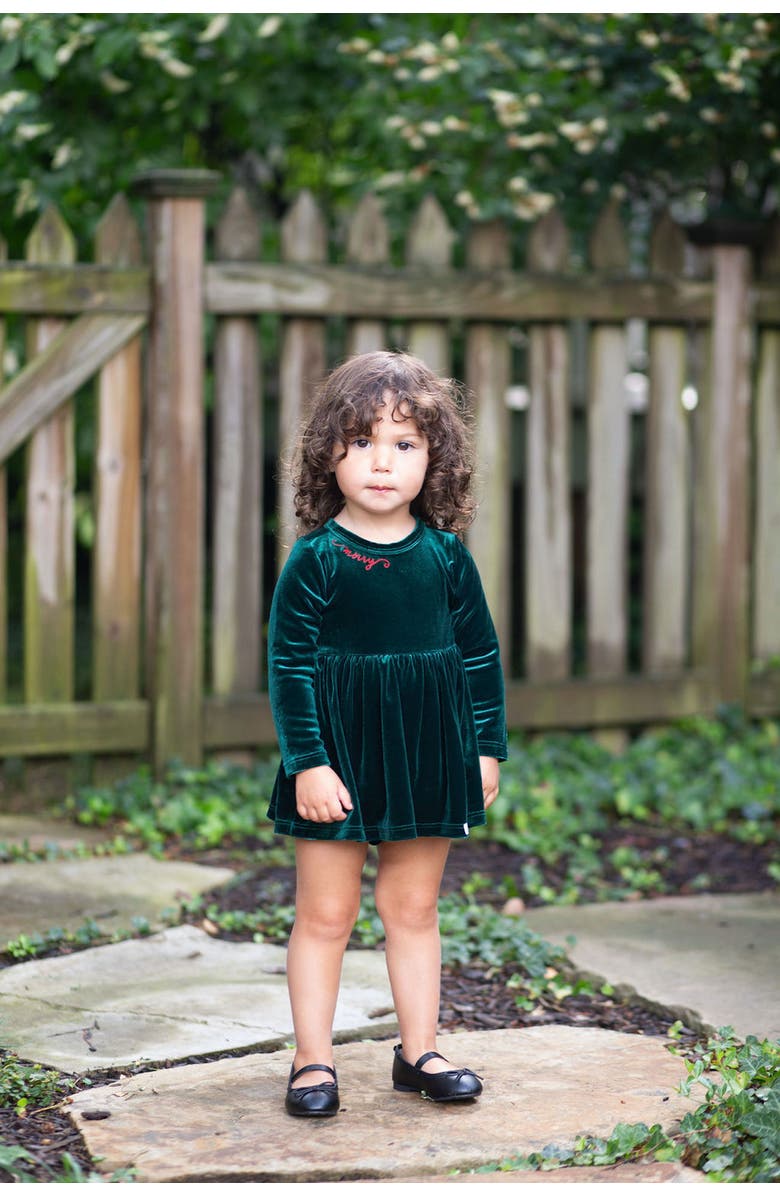 WORTHY THREADS Embroidered Velvet Holiday Long Sleeve Bubble Romper, Alternate, color, Emerald Green