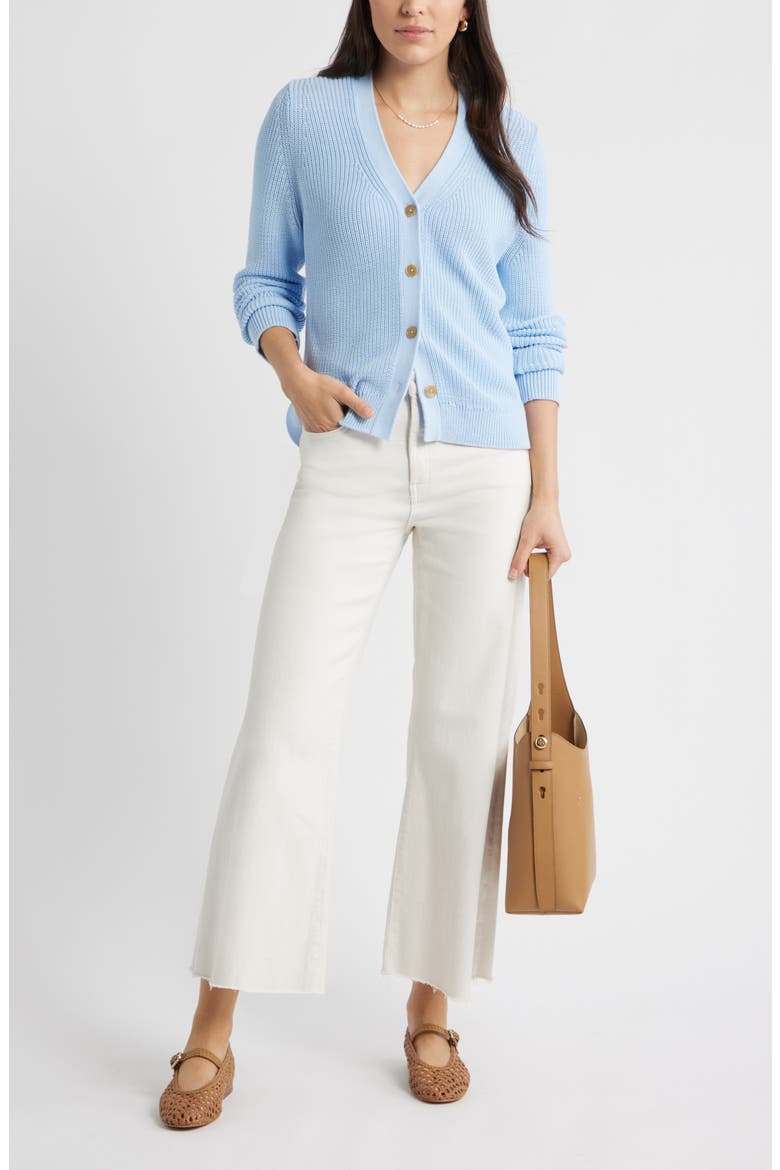 Shaker Stitch V-Neck Pima Cotton Cardigan, Alternate, color, BLUE WINDSURFER