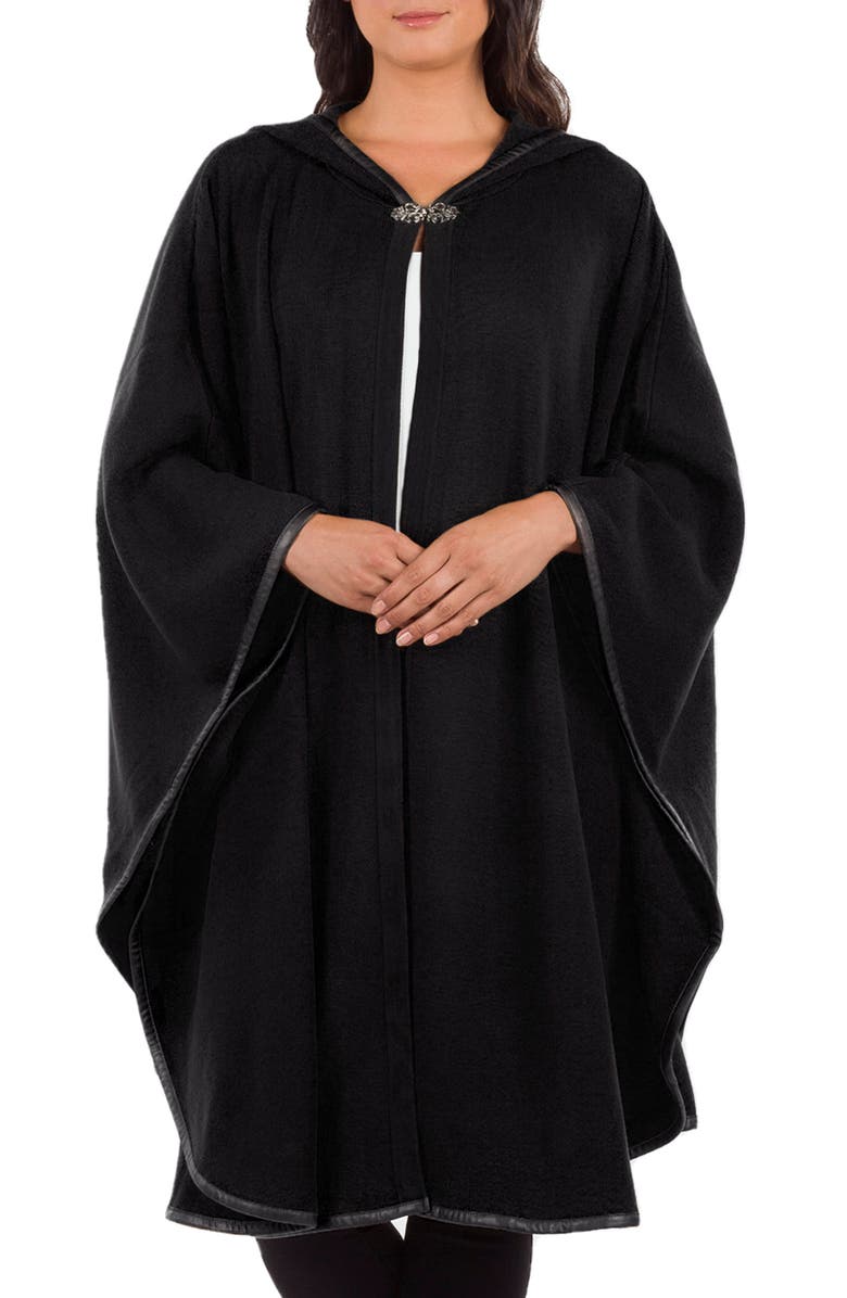Patricia Nash Hooded Faux Leather Trim Cable Knit Cape, Main, color, Black