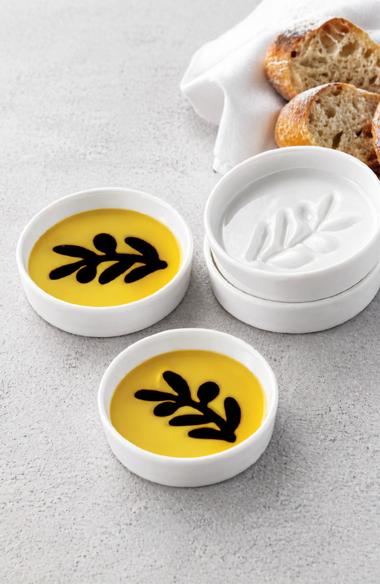 Jeanne Fitz Olive Oil and Balsamic Vinegar Individual Olive Branch Dipping Plates, Set of 4, Main, color, White