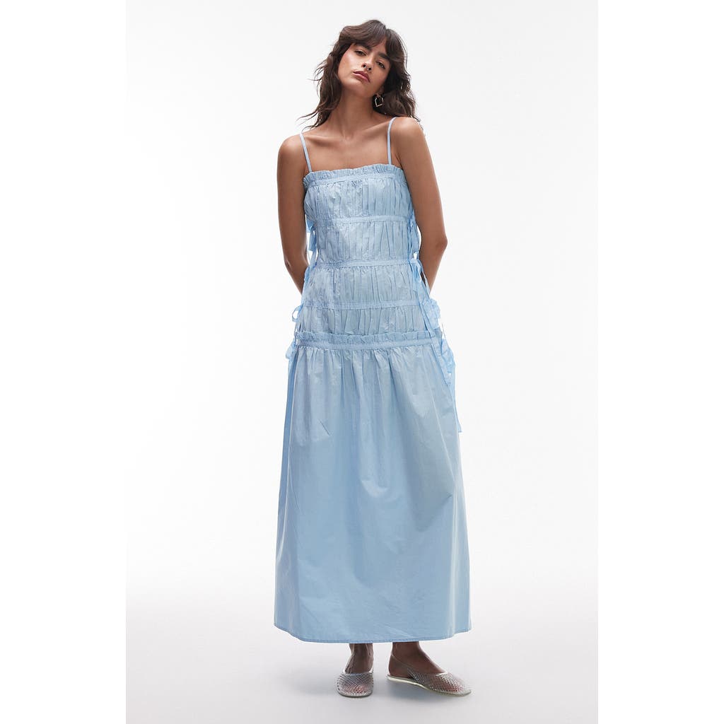 Topshop Pleat Detail Cotton Maxi Sundress In Blue