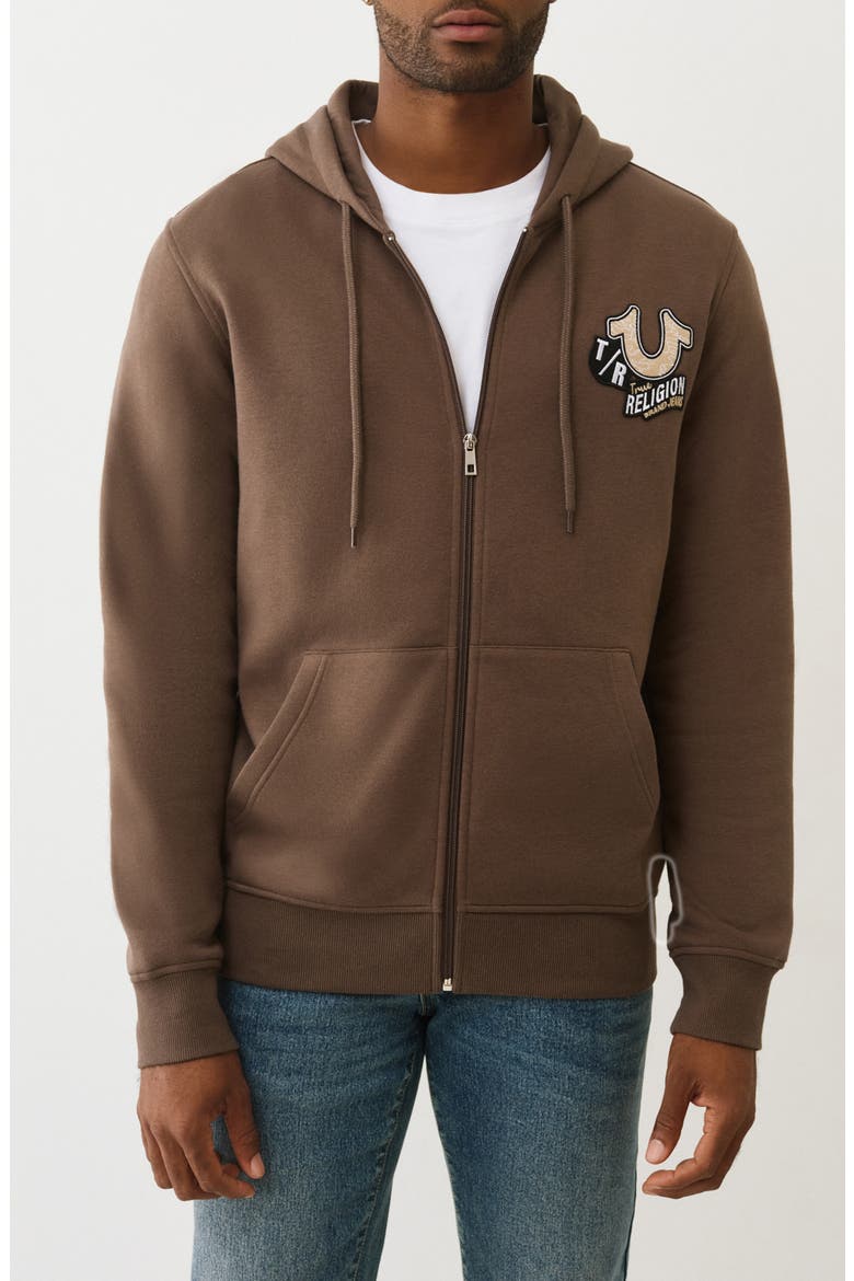 Embroidered Patch Zip Hoodie, Main, color, MAJOR BROWN