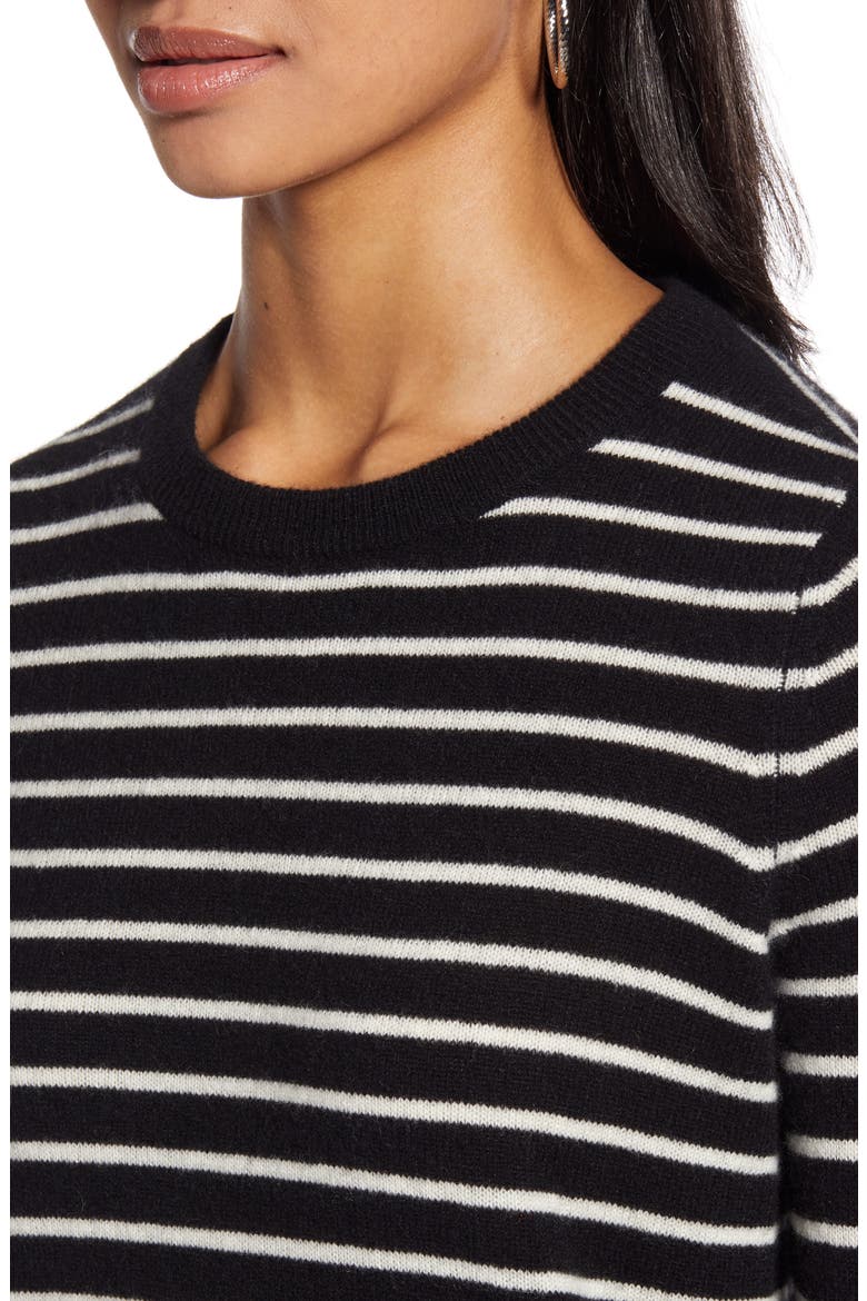 Crewneck Cashmere Sweater, Alternate, color, BLACK- IVORY UNEVEN STRIPE