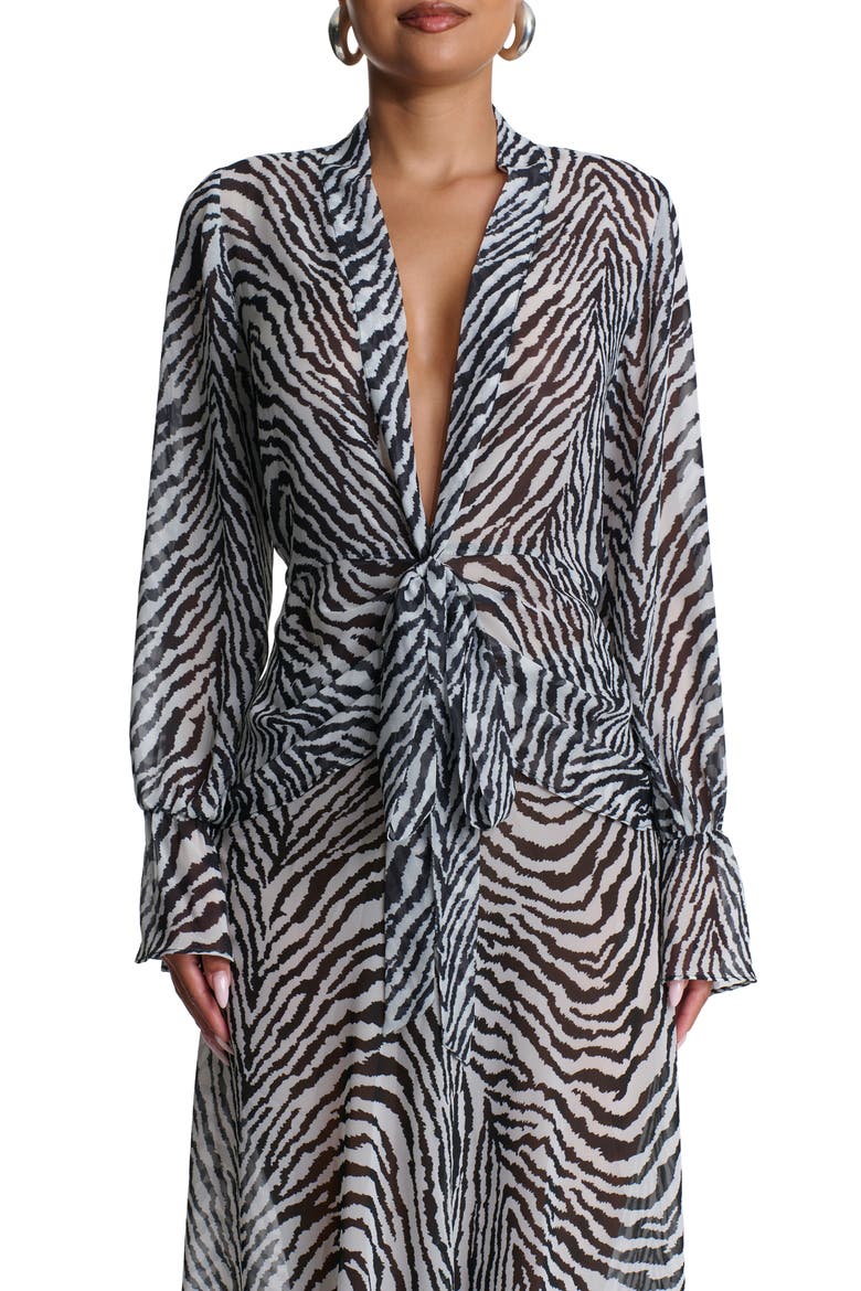 Plunge Tie Front Chiffon Top, Alternate, color, ZEBRA WHITE/ BLACK