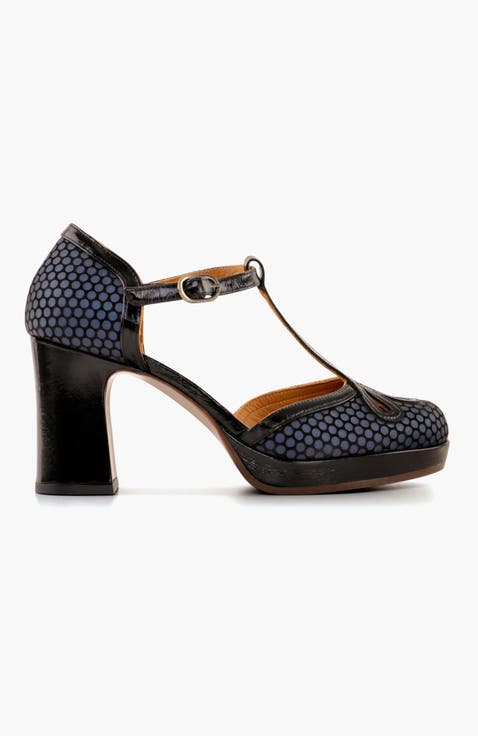 Suede and patent print Buckle platform Pump