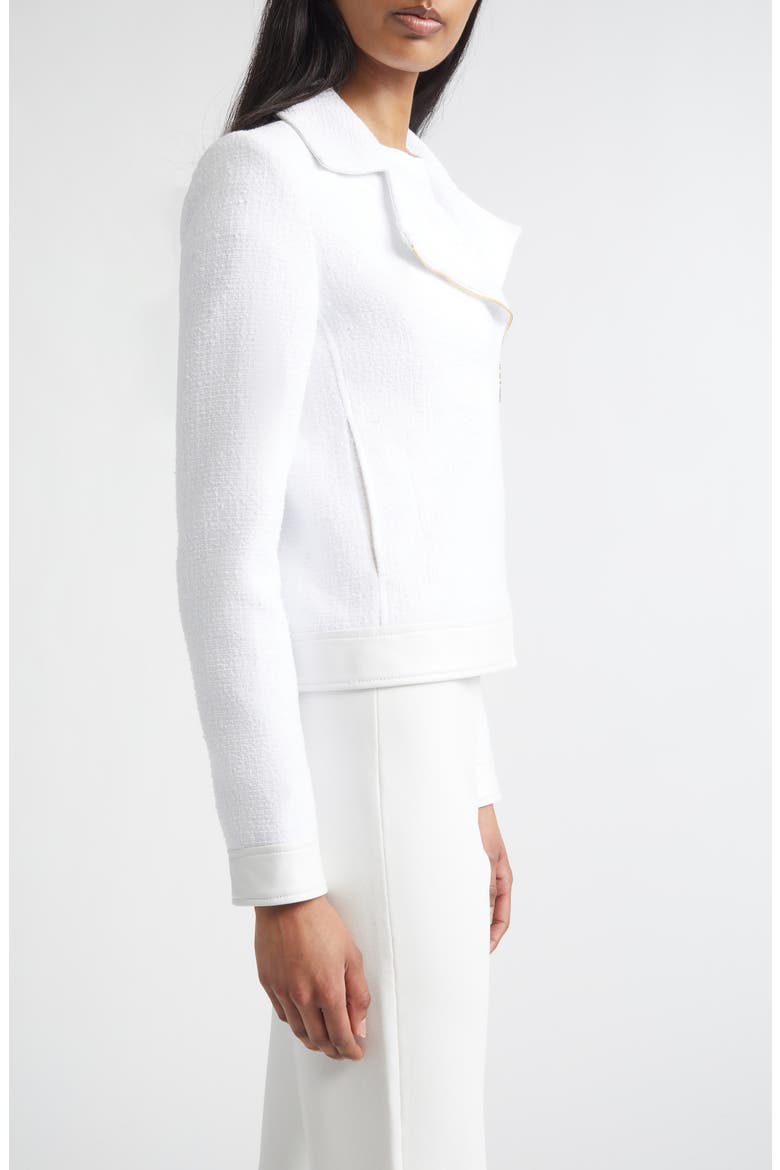 Leather Trim Matte Cotton Tweed Zip Jacket, Alternate, color, BRIGHT WHITE